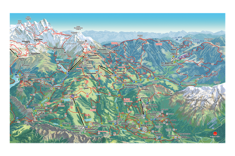 Illustrierte Karte einer Bergregion mit Wanderwegen, Seilbahnrouten und verschiedenen beschrifteten Orten, umgeben von Gipfeln und Tälern.