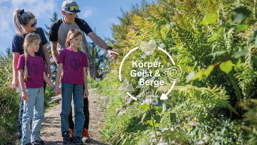 A family is walking along a sunny path, with a man pointing at plants. Caption: “Body, Mind & Mountains”.