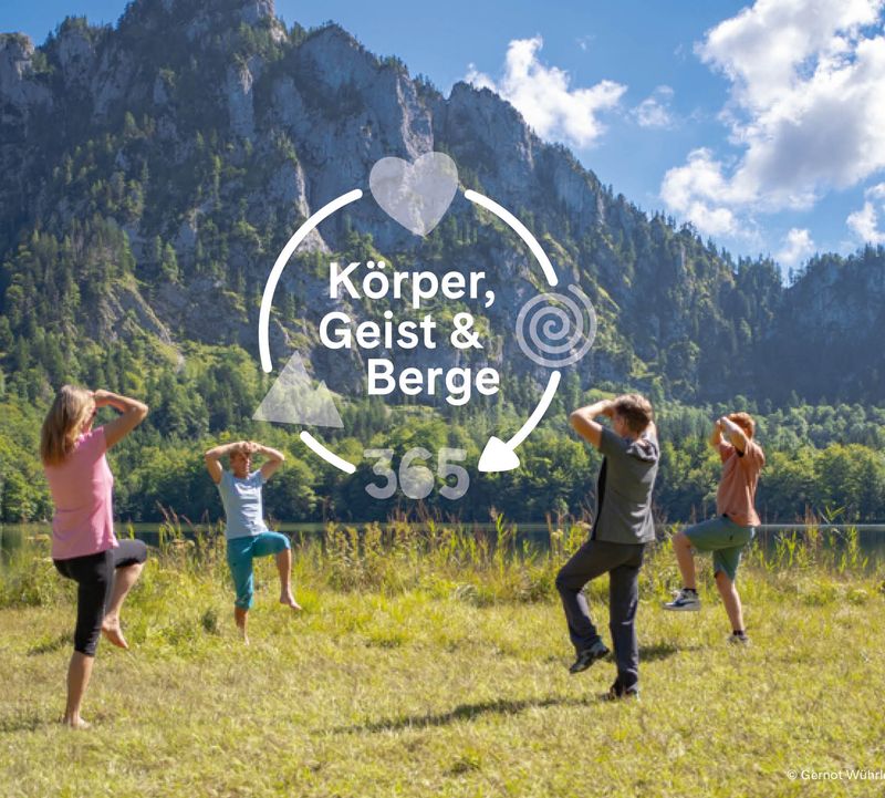 Four people doing outdoor sports by a mountain lake. The caption reads ‘Body, Mind & Mountains 365’.