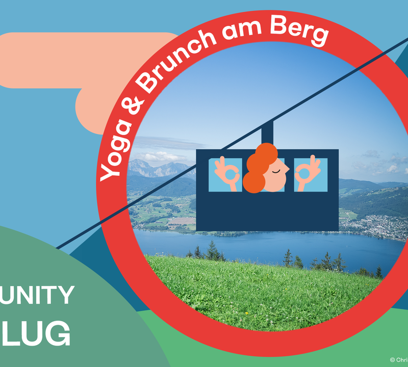 Anzeige: Yoga & Brunch am Berg in Grünberg, Gmunden, 20.09., 10:15-14 Uhr. Community-Ausflug mit Blick auf See, Berge und Seilbahnkabine (Yoga).