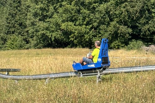 Mann im blauen Flitzer-Wagen auf Sommerrodelbahn im sonnigen Grasfeld vor Wald.