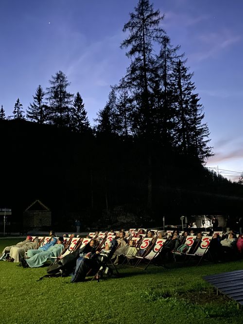 Zuschauer sitzen bei Dämmerung in Liegestühlen auf einer Wiese vor einer dunklen Waldkulisse bei einem Open-Air-Kino.