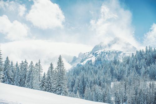 Schneebedeckte Berge und Bäume unter einem strahlend blauen Himmel mit vereinzelten Wolken. Im Hintergrund eine Stütze der Bergbahn und einzelne Gondeln.