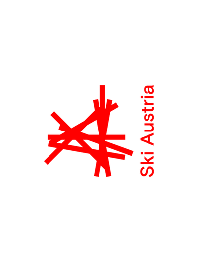 Ski Austria’s red logo: abstract, intersecting bars and vertical lettering on a white background.