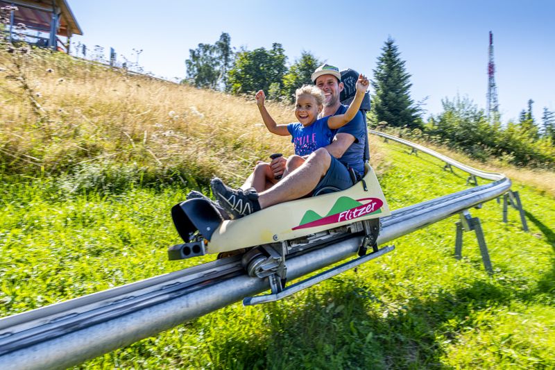 Child and adult sit together in a yellow summer toboggan car, surrounded by green hills and trees under a clear blue sky.