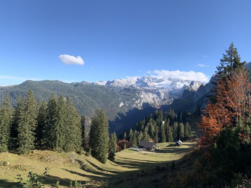 Berglandschaft mit Bäumen in herbstlichen Farben, ein paar kleinen Hütten und dem schneebedeckten Dachstein Gletscher unter einem klaren blauen Himmel.
