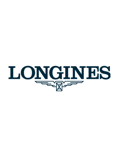 Longines logo: Dark blue lettering above a winged hourglass on a white background.