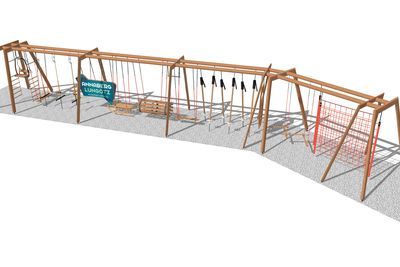 3D-Rendering eines weitläufigen Spielplatz-Hindernisparcours aus Holz mit Schaukeln, Seilen, Klettergerüsten und einem roten Kletternetz.