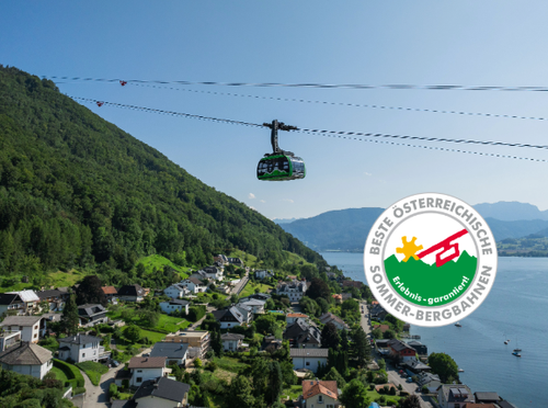 Bergbahn schwebt über grüne Hügel mit See und Dorf im Hintergrund – Logo „Beste Österreichische Sommer-Bergbahnen“ im Vordergrund.