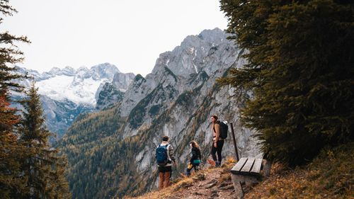 Drei Wanderer auf einem herbstlichen Bergpfad mit weitem Blick auf schneebedeckte Gipfel und bewaldete Hänge. Eine Holzbank lädt zum Verweilen ein.