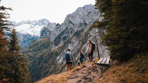 Three hikers on an autumn mountain path with a sweeping view of snow-capped peaks and wooded slopes. A wooden bench invites you to linger.
