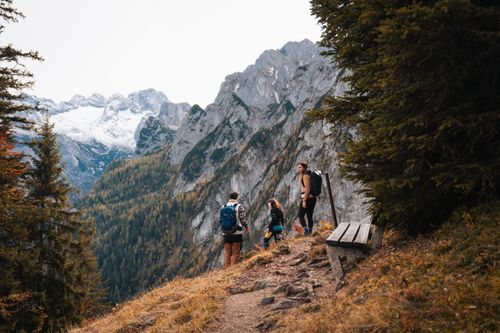 Three hikers on an autumn mountain path with a sweeping view of snow-capped peaks and wooded slopes. A wooden bench invites you to linger.