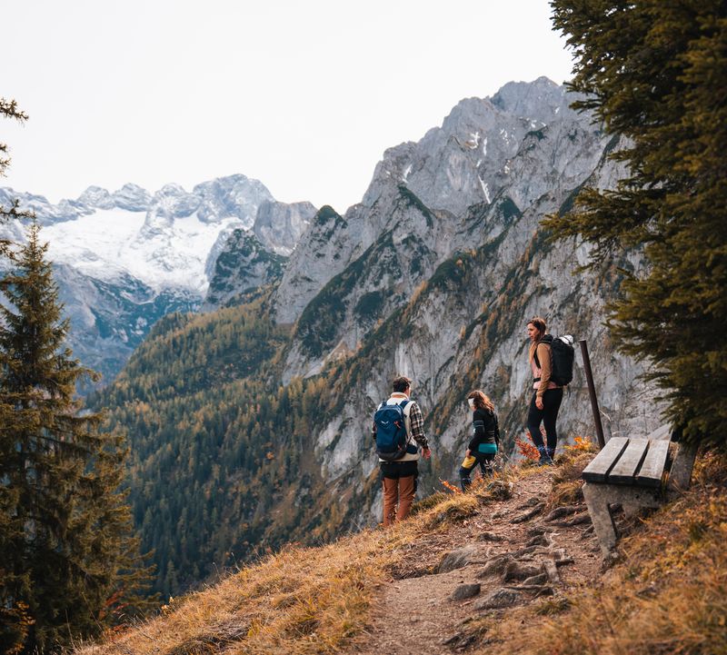 Drei Wanderer auf einem herbstlichen Bergpfad mit weitem Blick auf schneebedeckte Gipfel und bewaldete Hänge. Eine Holzbank lädt zum Verweilen ein.