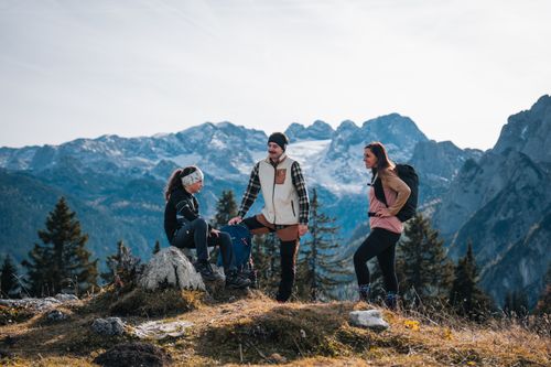 Drei Wanderer machen Pause auf einem Hügel mit Blick auf schneebedeckte Alpen und Kiefern unter blauem Himmel.