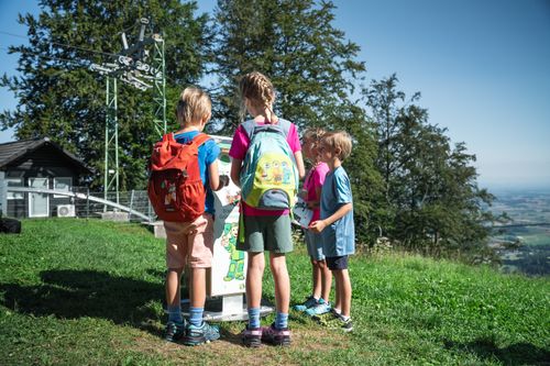 Vier Kinder mit Rucksäcken lesen eine Infotafel auf einem sonnigen Berg mit weitem Talblick.