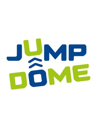 Logo with the words "Jump Dome" in bold, with "Jump" in blue and "Dome" in green, featuring stylized arrows between the words.