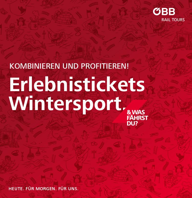 Rotes ÖBB Rail Tours-Poster mit weißem deutschen Text: „Kombinieren und profitieren! Erlebnistickets Wintersport“, Hintergrund mit winterlichen Symbolen.