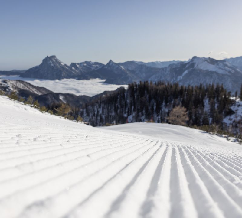 Verschneite, frisch gespurte Skipiste mit Bergkette und Tannen im Hintergrund unter strahlend blauem Himmel – Feuerkogel.