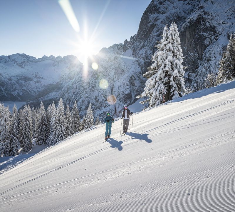 Two skiers stand on the edge of the piste in bright sunshine, surrounded by snow-covered trees and mountains.
