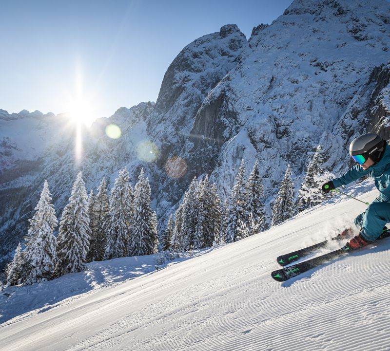 Ein Skifahrer carvt unter strahlender Sonne einen verschneiten Berghang hinunter, im Hintergrund sind schneebedeckte Bäume und Gipfel zu sehen.