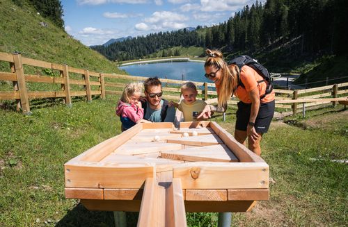 A happy family plays with a wooden ball track in a sunny mountain meadow, with a reservoir and forest in the background.