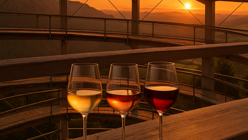 Ein Weinglas, im Hintergrund Sonnenuntergang und Berge – stimmungsvolle Atmosphäre bei der Sundowner-Verkostung.