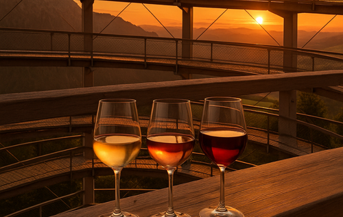 Ein Weinglas, im Hintergrund Sonnenuntergang und Berge – stimmungsvolle Atmosphäre bei der Sundowner-Verkostung.