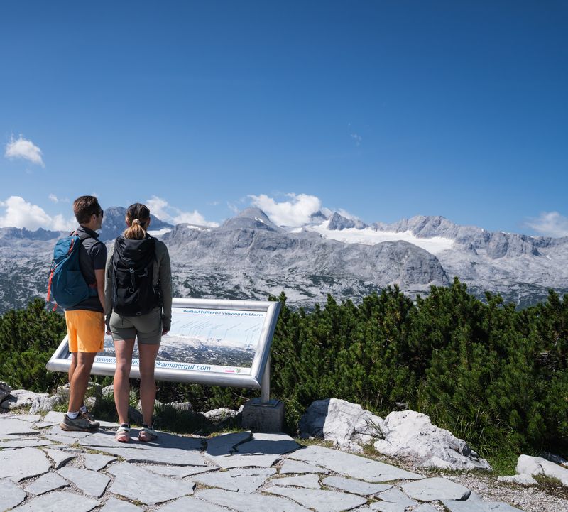 Two hikers look at an information board set against a vast mountain panorama featuring snow-capped peaks and a blue sky.