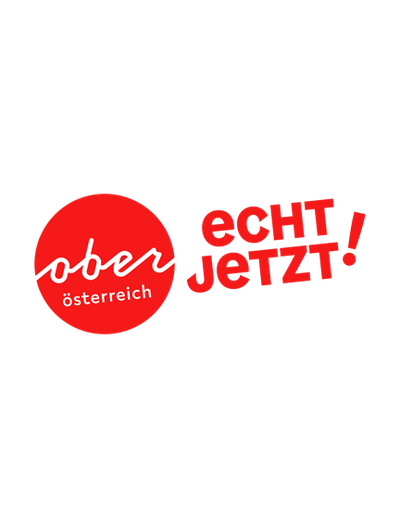Upper Austria logo: A red circle with the white lettering ‘ober österreich’ and the red slogan ‘echt jetzt!’ on a white background.