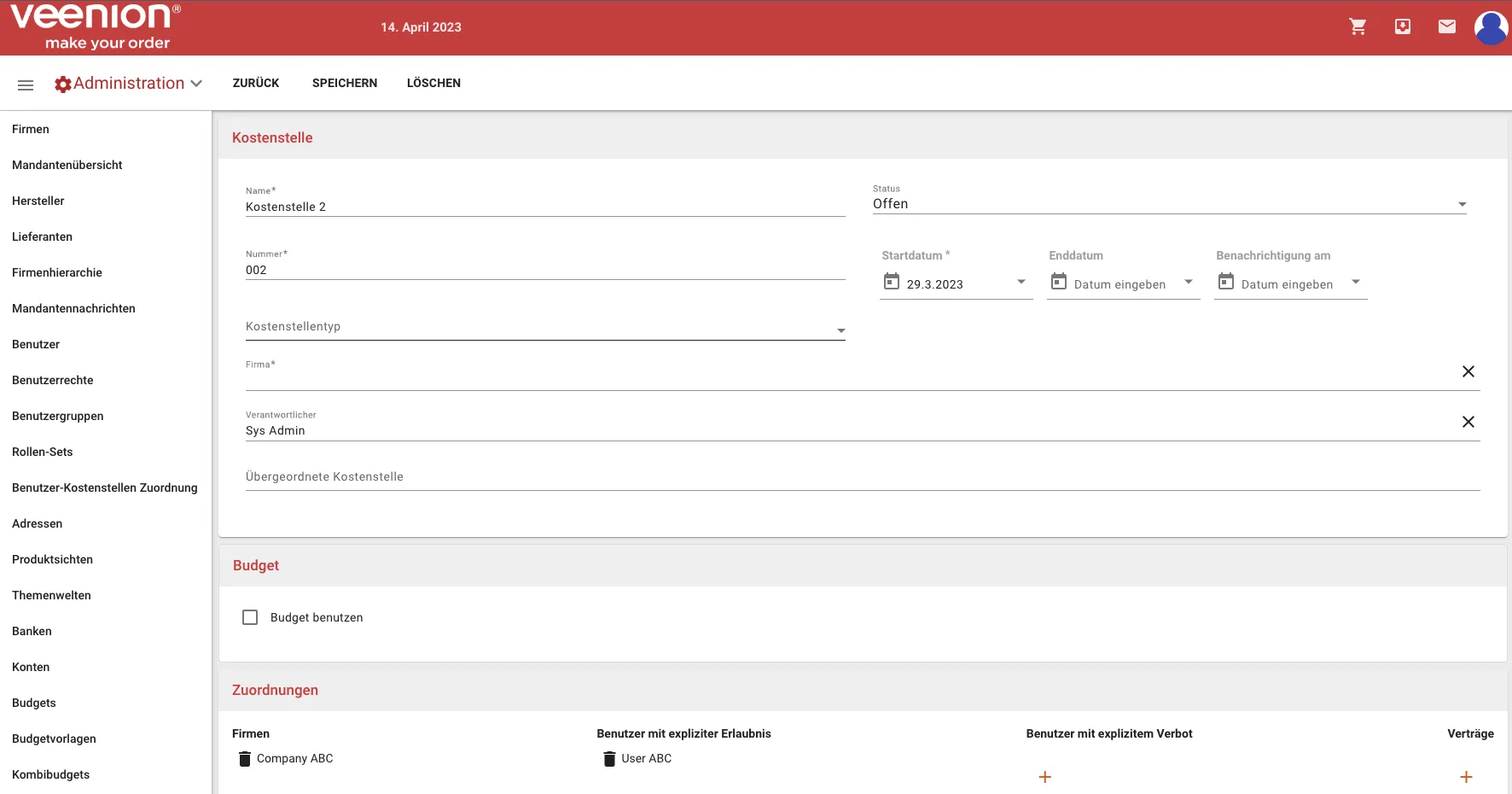 Veenion Administratoroberfläche Detailansicht Detailansicht der Veenion Administratoroberfläche