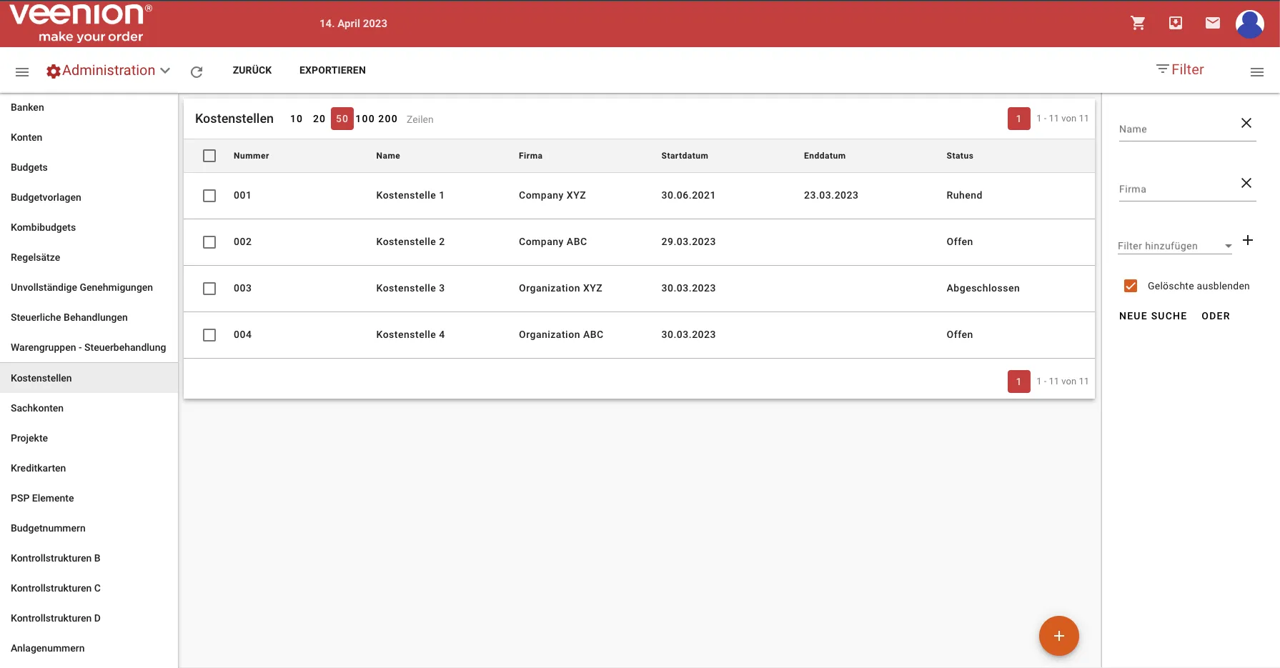 Veenion Administratoroberfläche Listenansicht Listenansicht der Veenion Administratoroberfläche