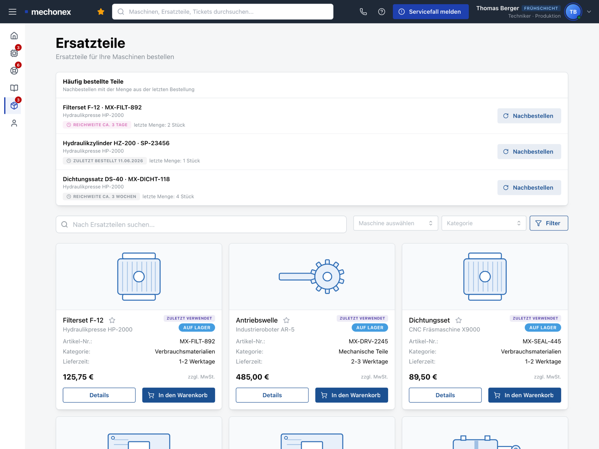 Kundenportal – Ersatzteile Nachbestellung Ersatzteilkatalog im B2B-Kundenportal mit häufig bestellten Teilen, Reichweitenhinweis und Nachbestellen-Button
