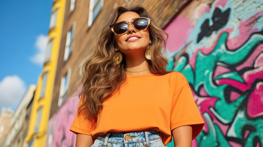 Woman in orange shirt and sunglasses smiles in front of colorful graffiti wall, wearing denim shorts and gold earrings.