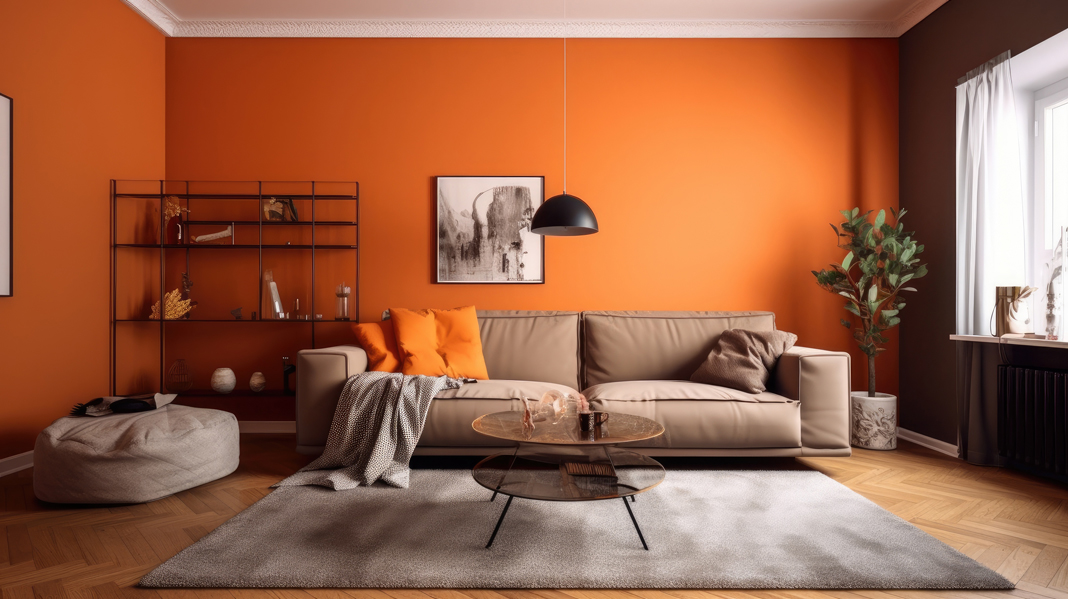Modern living room with orange walls, beige sofa, black lamp, glass coffee table, and decorative items on shelves. Sunlight from a window.