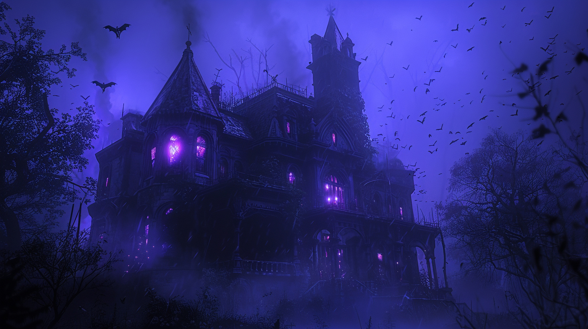 A dark, gothic mansion with glowing purple windows, surrounded by fog and bats flying in a night sky.