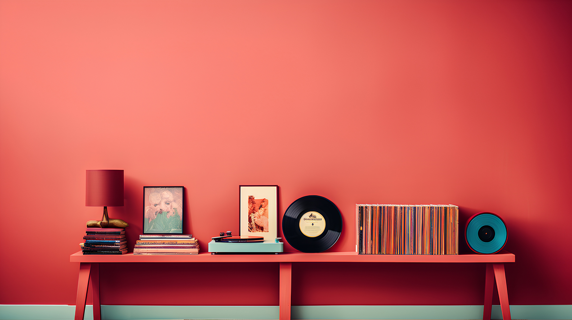 A red table against a coral wall with a lamp, vinyl records, framed photos, and a record player.