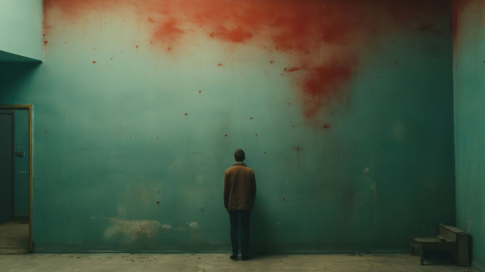 A person in a brown jacket stands facing a large teal wall with red paint splatters in an empty room. A person in a brown jacket stands facing a large teal wall with red paint splatters in an empty room.