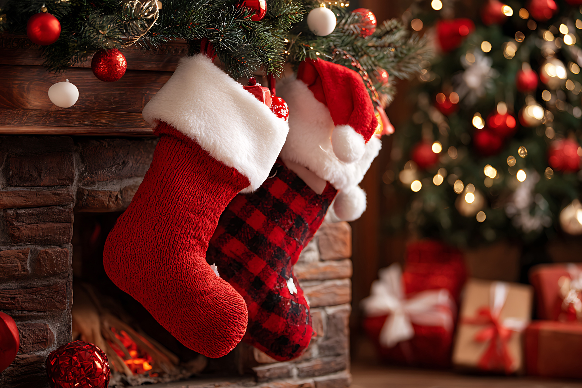 Two Christmas stockings hang on a festive fireplace, with a decorated tree and wrapped gifts in the background.
