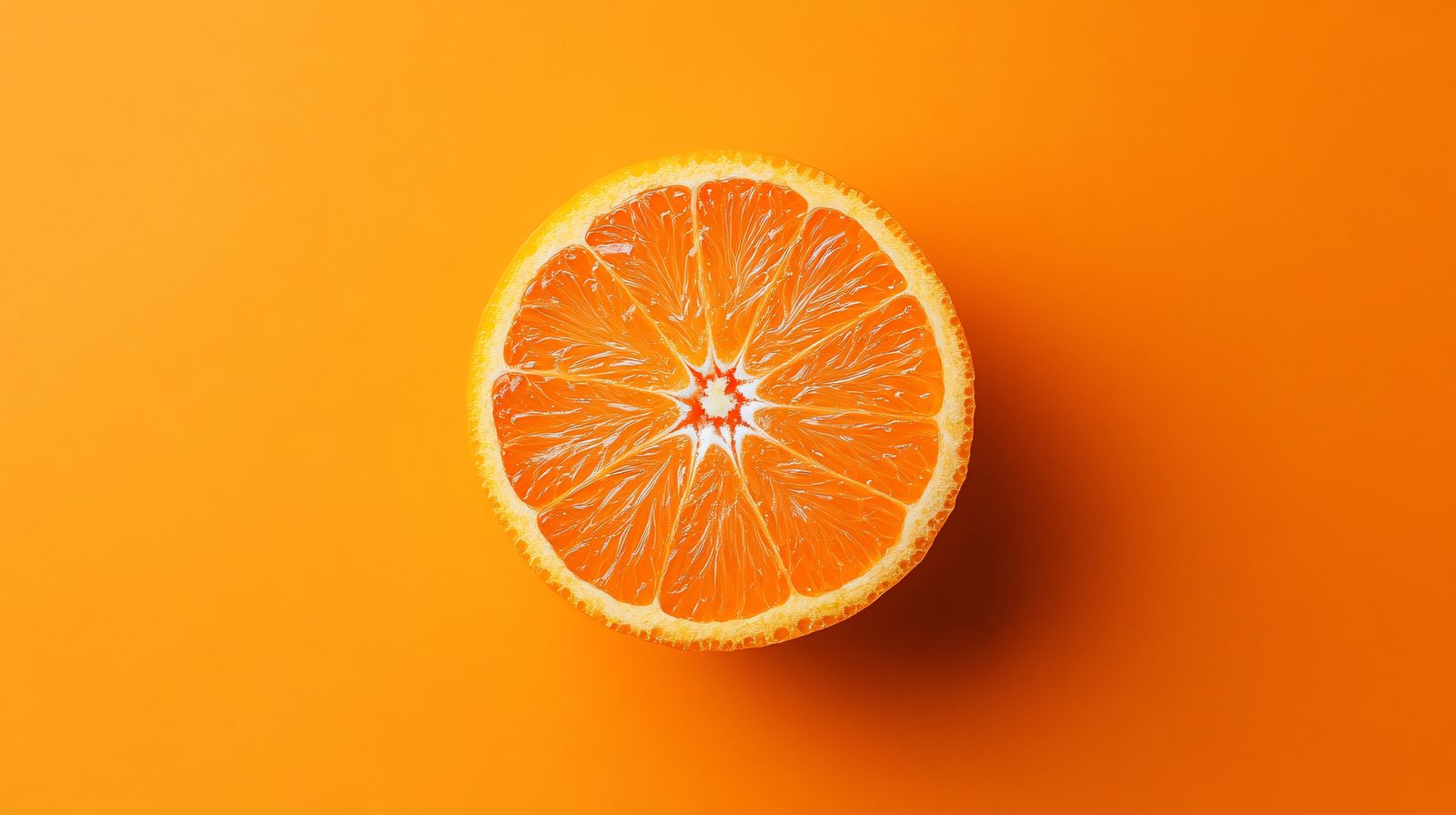 A halved orange with visible segments on a vibrant orange background, showcasing its bright color and texture.