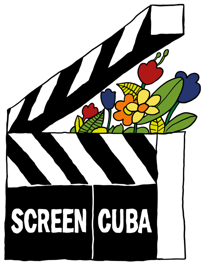 Illustration of a film clapperboard with colorful flowers inside, and the text "Screen Cuba" on it.