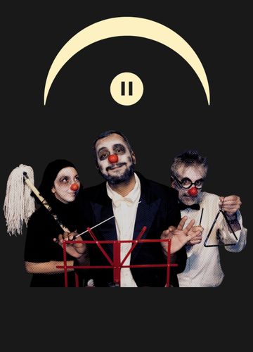 Three clowns in theatrical makeup pose with props; a mop, musical stand, and triangle, under a crescent moon and pause icon.