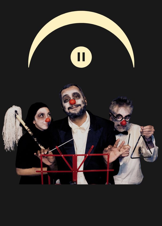 Three clowns in theatrical makeup pose with props; a mop, musical stand, and triangle, under a crescent moon and pause icon.