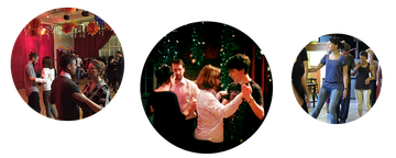 Three circular photos showing people dancing in colorful rooms with festive lighting and decorations.