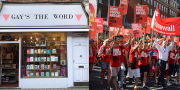 On the left, a bookstore front labeled "Gay's the Word." On the right, a vibrant LGBTQ+ pride parade with participants holding red banners.