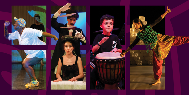 Collage of diverse performers: a dancing person, juggling artists, a drummer, and a dancer, all against a purple background.