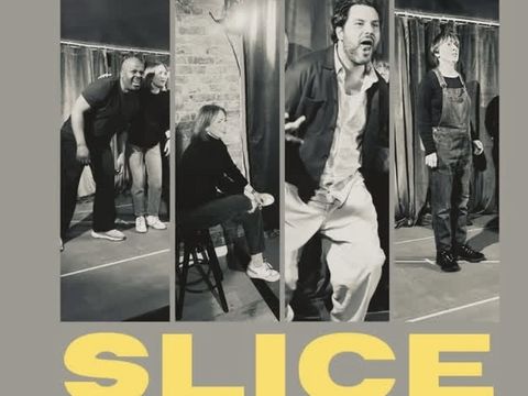 Four actors in different dramatic poses on stage, with the word "SLICE" in bold yellow letters at the bottom.