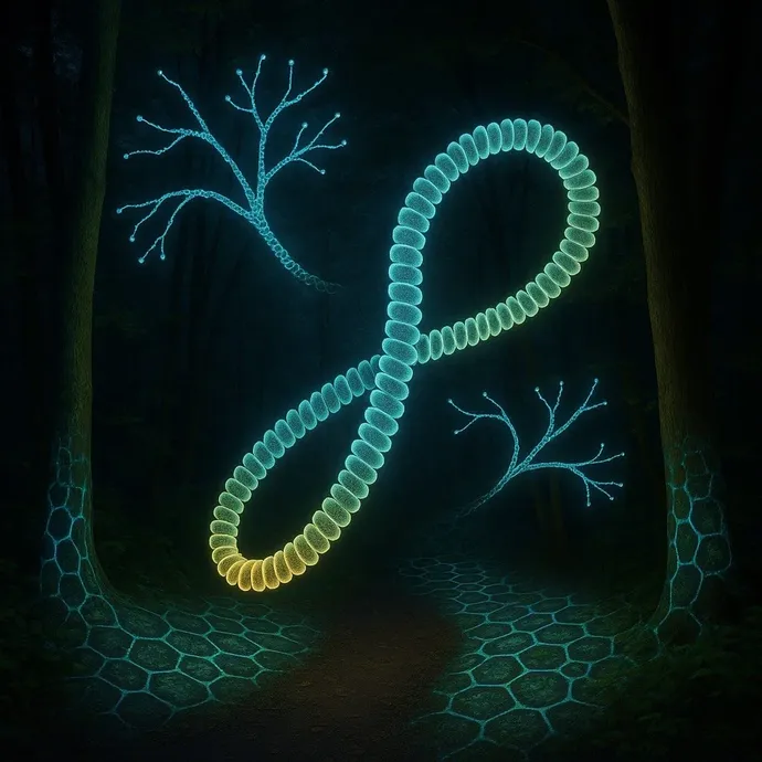 A glowing, intertwined DNA helix forms an infinity symbol in a forest, with luminescent tree-like structures and honeycomb patterns on the ground.