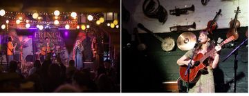 Split image showing two musical performance scenes. On the left, a band performs on a decorated stage with string lights and a backdrop reading “FRINGE.” Several musicians play guitars and sing, with an audience visible in the foreground. On the right, a solo performer plays an acoustic guitar and sings into a microphone against a wall adorned with hanging instruments, including violins and percussion pieces.