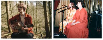 Left: Person playing guitar in a forest. Right: Two people singing on stage with microphones, wearing colorful dresses.