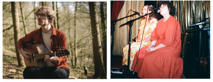 Left: Person playing guitar in a forest. Right: Two people singing on stage with microphones, wearing colorful dresses.
